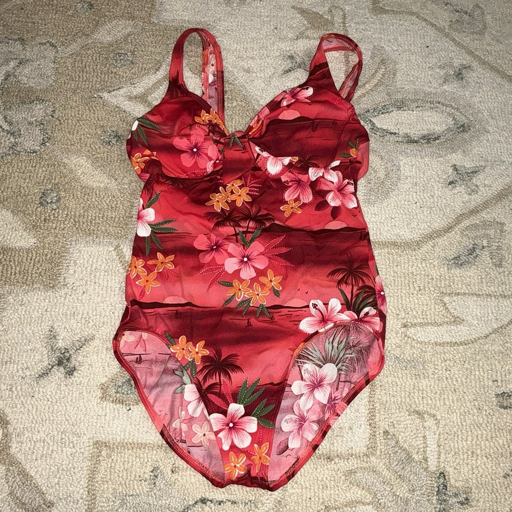 Vintage 90s Y2K One Piece Swimsuit Red Floral Hibiscus Tropical See Measurements